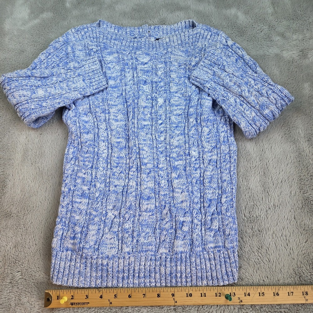 Lands' End Sweater Womens S Cable Knit 3/4 Sleeve Anchor Button Blue White Blend